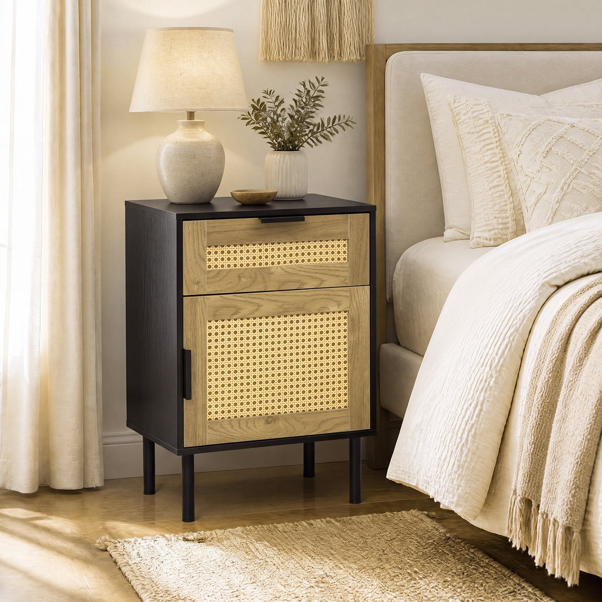 Bedside Table with Rattan-decorated Storage Drawer and Door Metal Legs-Black
