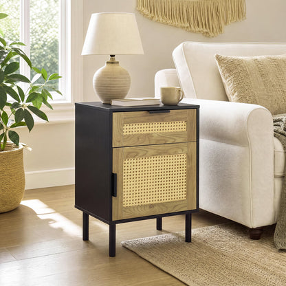 Bedside Table with Rattan-decorated Storage Drawer and Door Metal Legs-Black