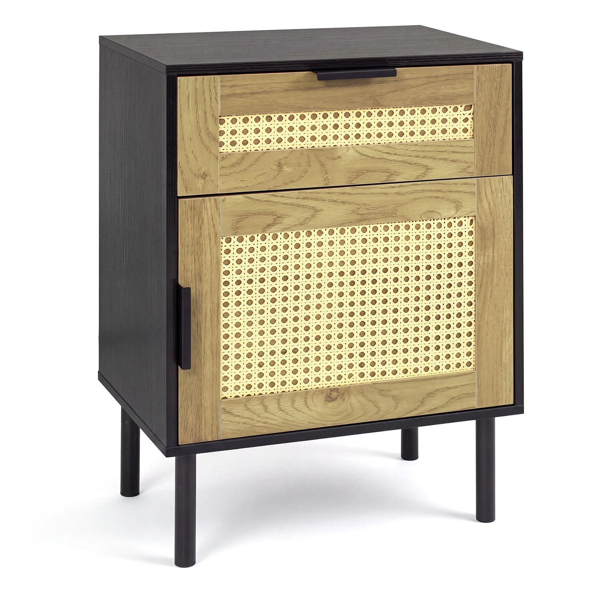 Bedside Table with Rattan-decorated Storage Drawer and Door Metal Legs-Black