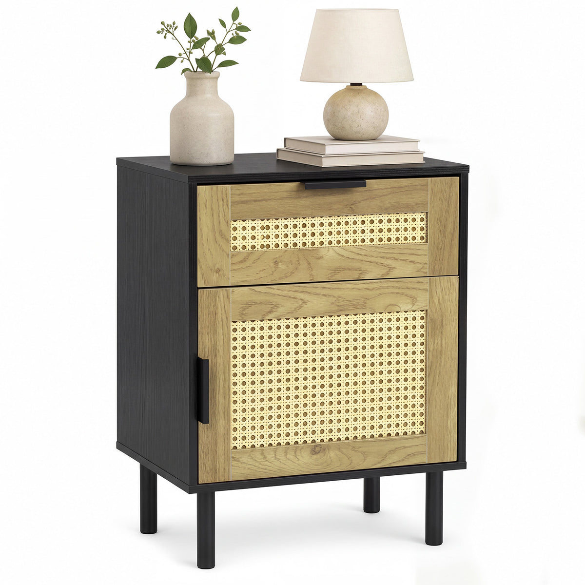 Bedside Table with Rattan-decorated Storage Drawer and Door Metal Legs-Black