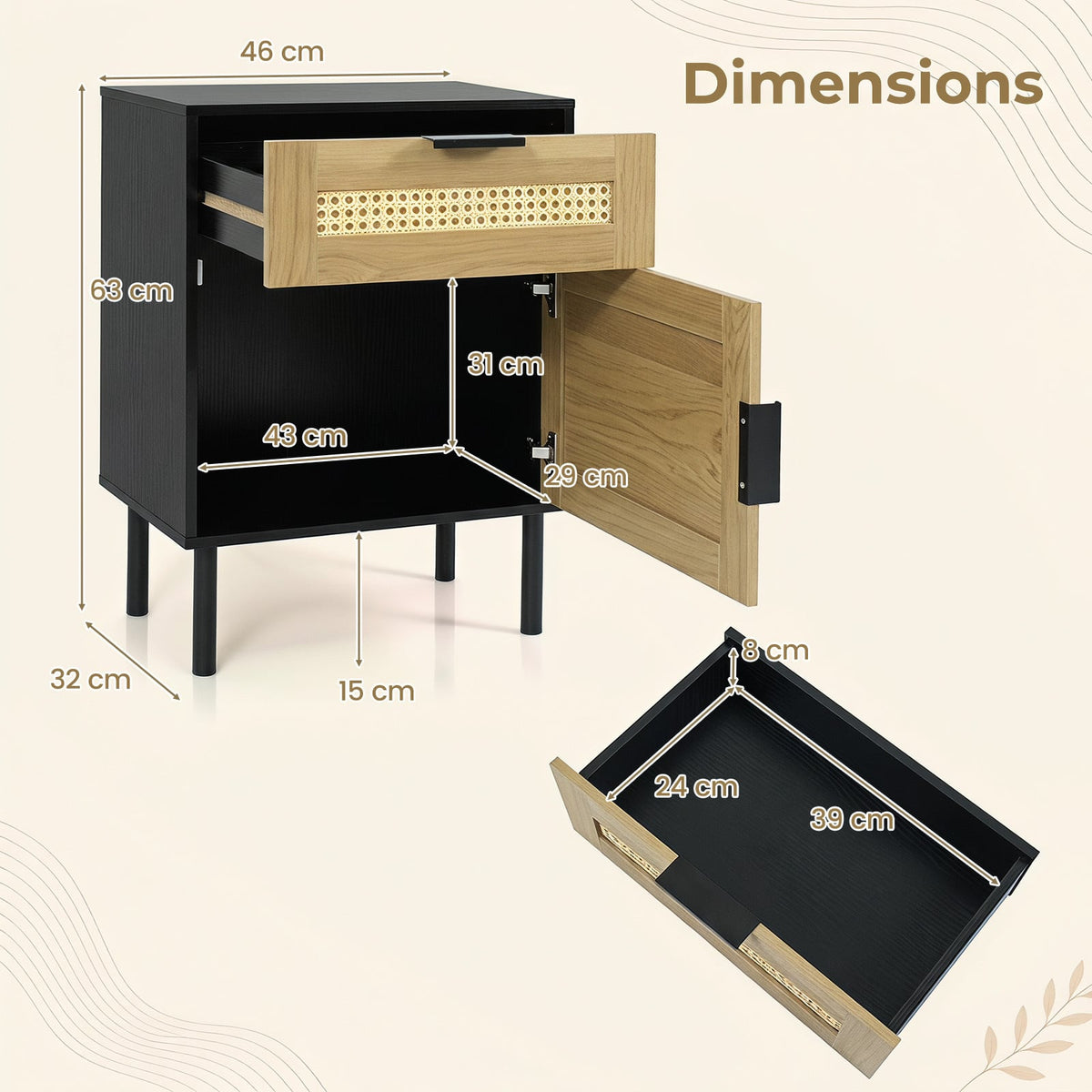 Bedside Table with Rattan-decorated Storage Drawer and Door Metal Legs-Black