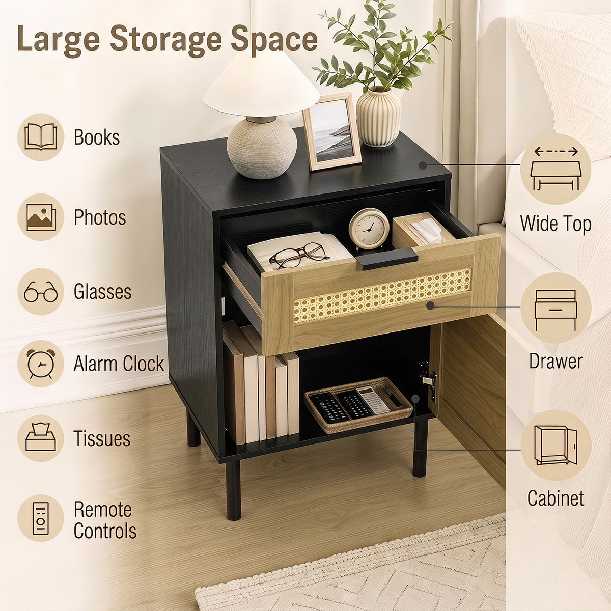 Bedside Table with Rattan-decorated Storage Drawer and Door Metal Legs-Black