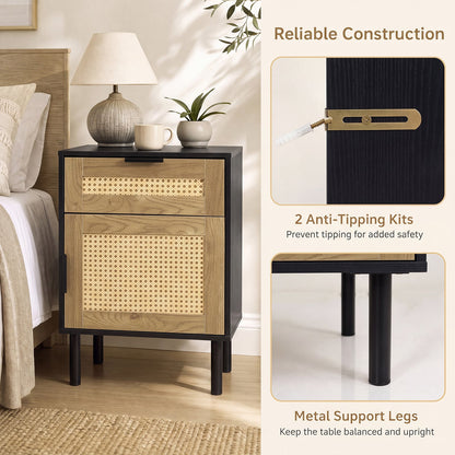 Bedside Table with Rattan-decorated Storage Drawer and Door Metal Legs-Black