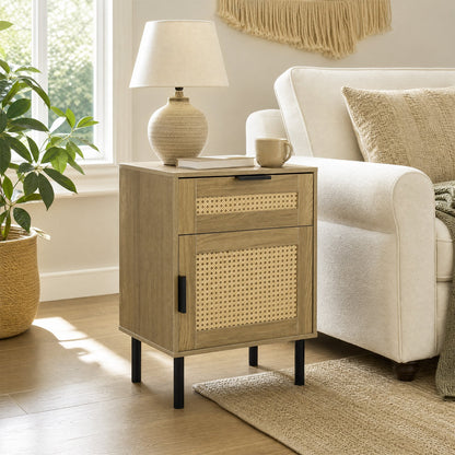 Bedside Table with Rattan-decorated Storage Drawer and Door Metal Legs-Natural