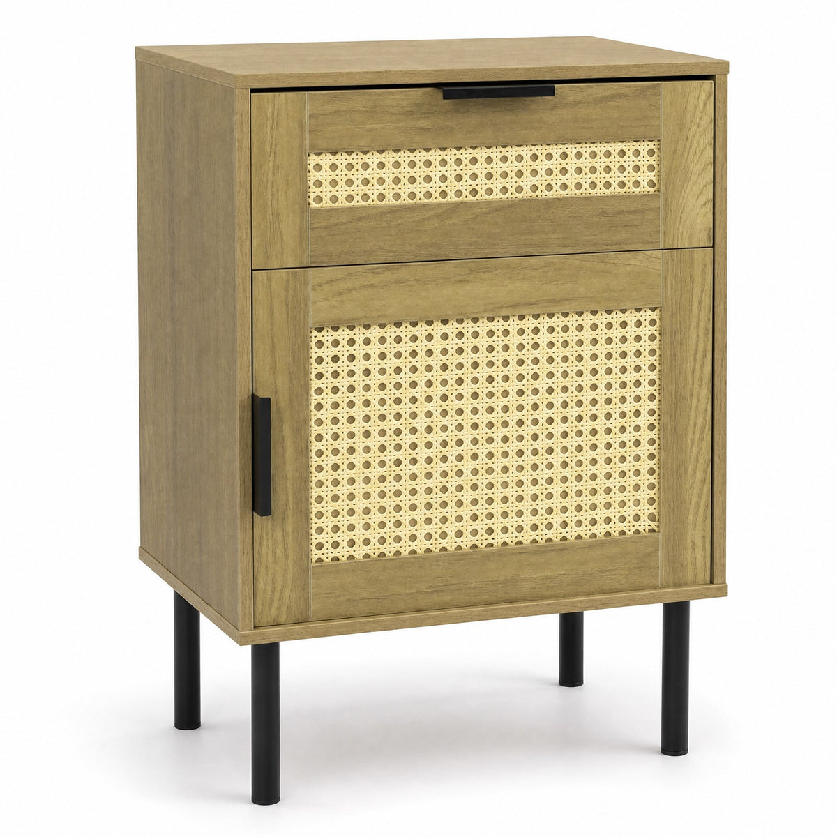 Bedside Table with Rattan-decorated Storage Drawer and Door Metal Legs-Natural