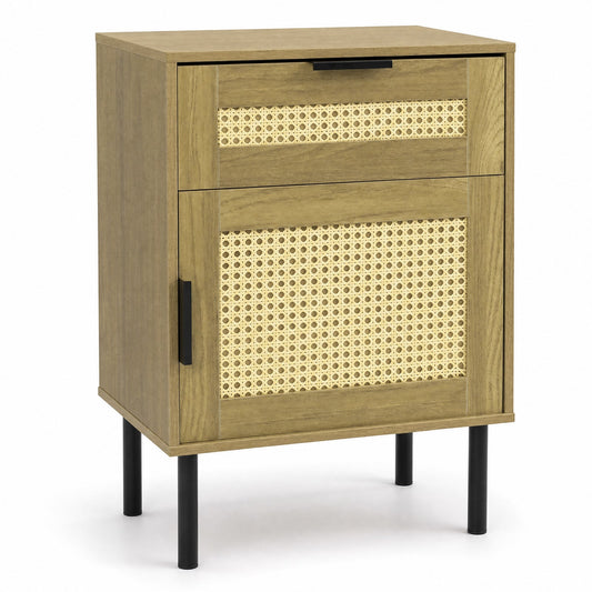 Bedside Table with Rattan-decorated Storage Drawer and Door Metal Legs-Natural