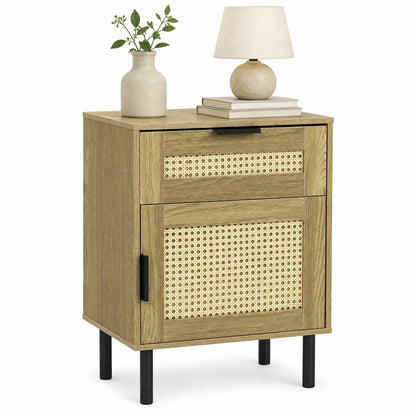 Bedside Table with Rattan-decorated Storage Drawer and Door Metal Legs-Natural