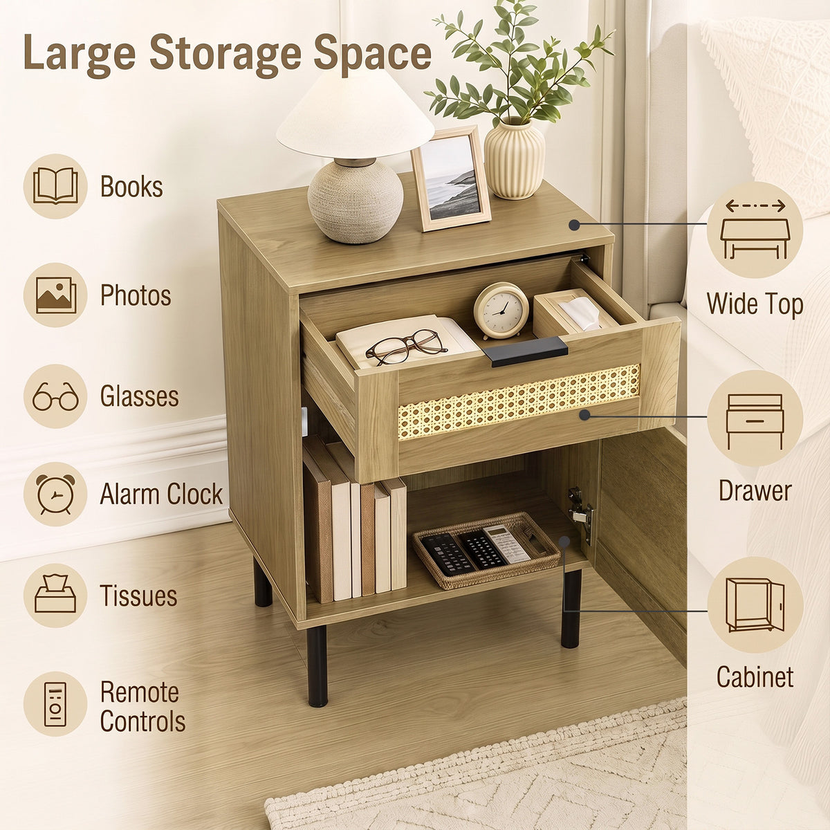 Bedside Table with Rattan-decorated Storage Drawer and Door Metal Legs-Natural