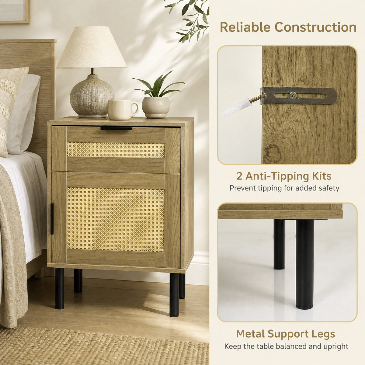 Bedside Table with Rattan-decorated Storage Drawer and Door Metal Legs-Natural