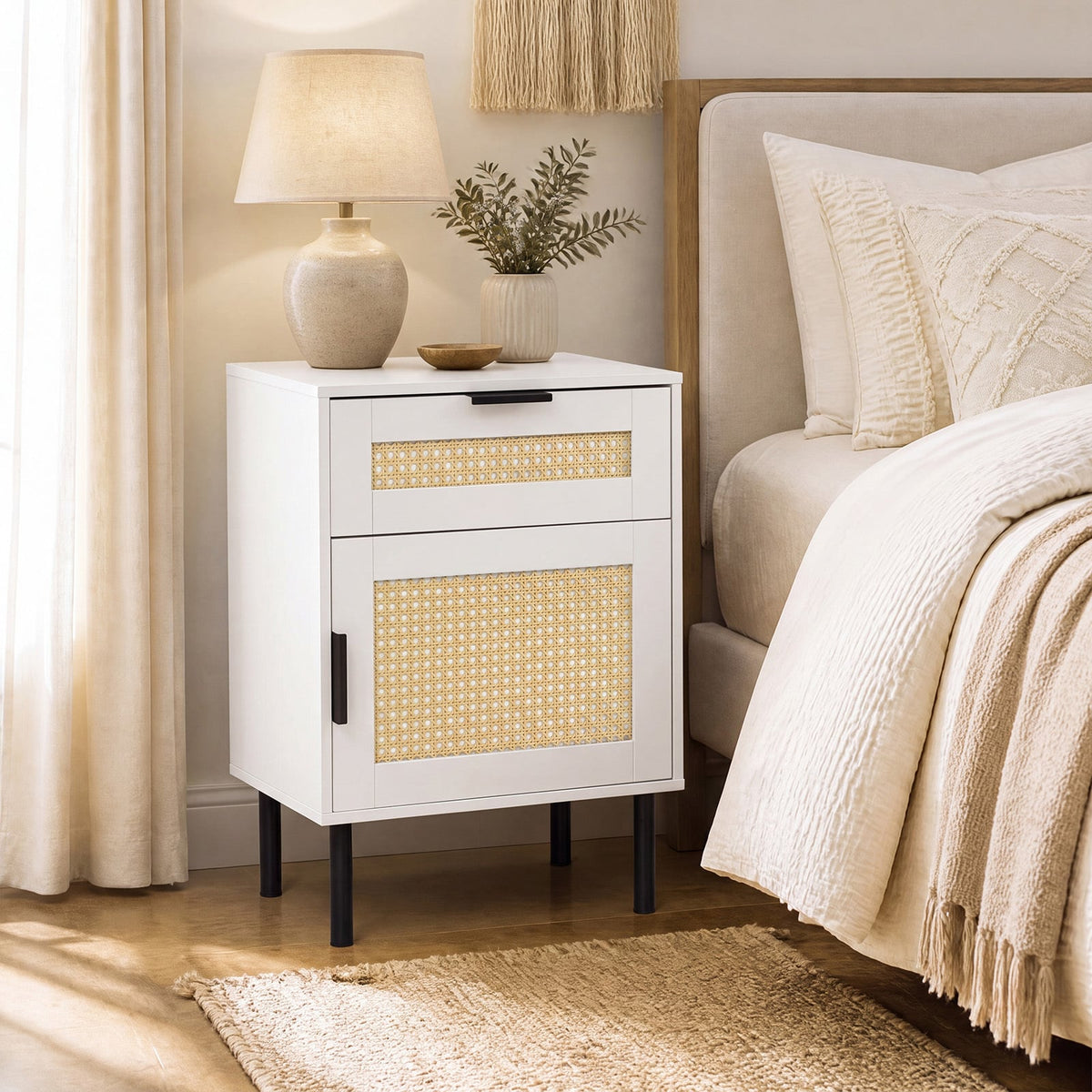 Bedside Table with Rattan-decorated Storage Drawer and Door Metal Legs-White