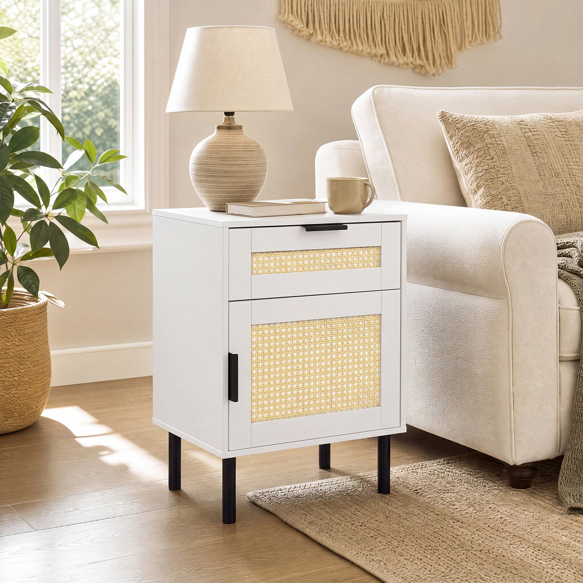 Bedside Table with Rattan-decorated Storage Drawer and Door Metal Legs-White