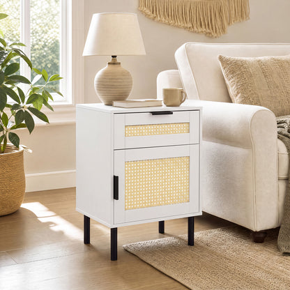 Bedside Table with Rattan-decorated Storage Drawer and Door Metal Legs-White