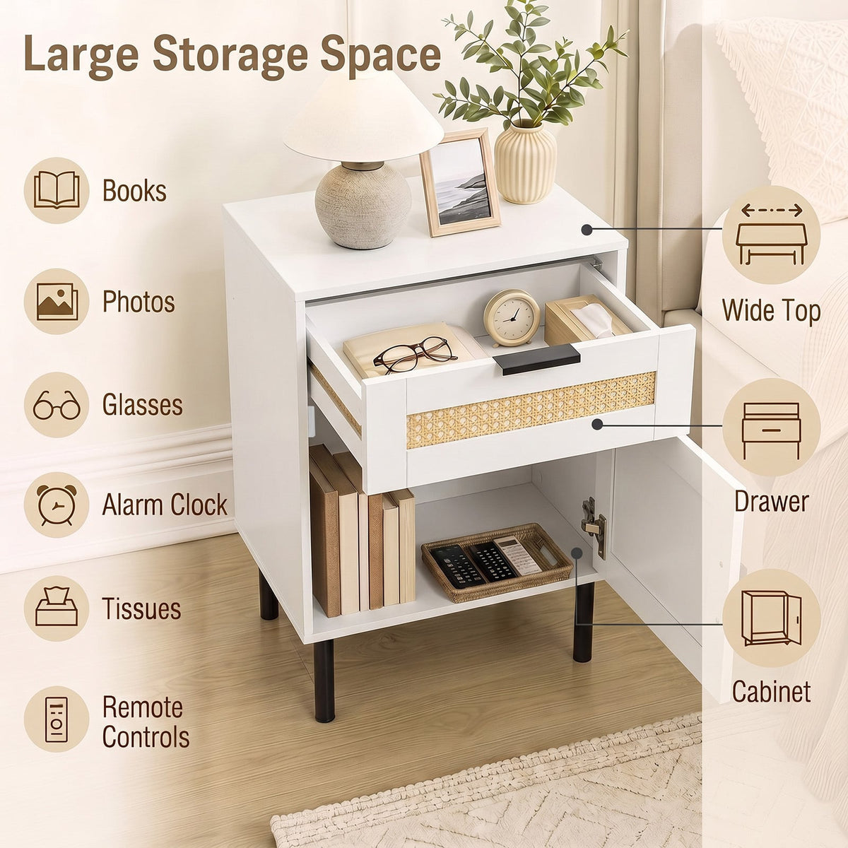 Bedside Table with Rattan-decorated Storage Drawer and Door Metal Legs-White