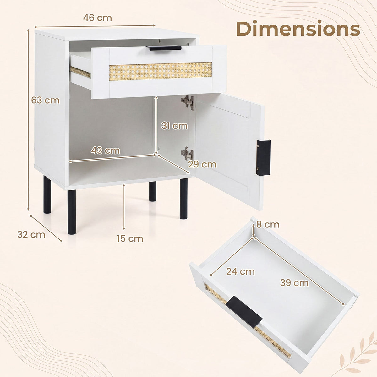 Bedside Table with Rattan-decorated Storage Drawer and Door Metal Legs-White