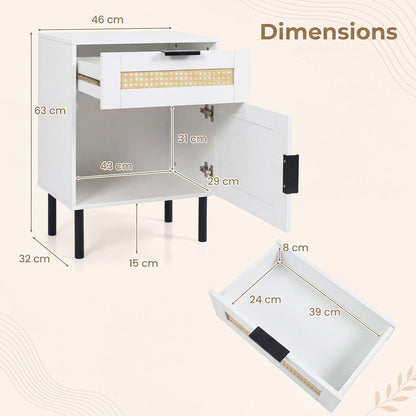 Bedside Table with Rattan-decorated Storage Drawer and Door Metal Legs-White