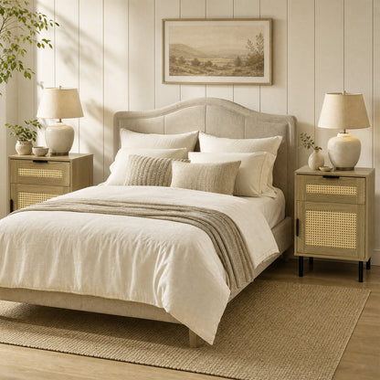 Set of 2 Bedside Table with Rattan-decorated Storage Drawer and Door Metal Legs-Natural