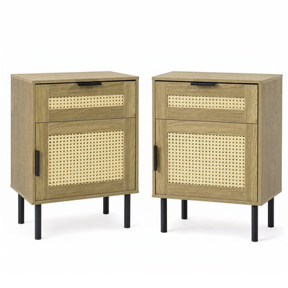 Set of 2 Bedside Table with Rattan-decorated Storage Drawer and Door Metal Legs-Natural
