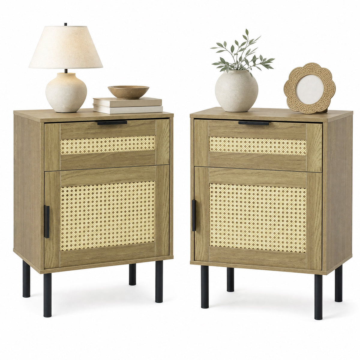 Set of 2 Bedside Table with Rattan-decorated Storage Drawer and Door Metal Legs-Natural