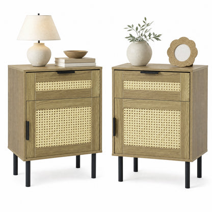 Set of 2 Bedside Table with Rattan-decorated Storage Drawer and Door Metal Legs-Natural