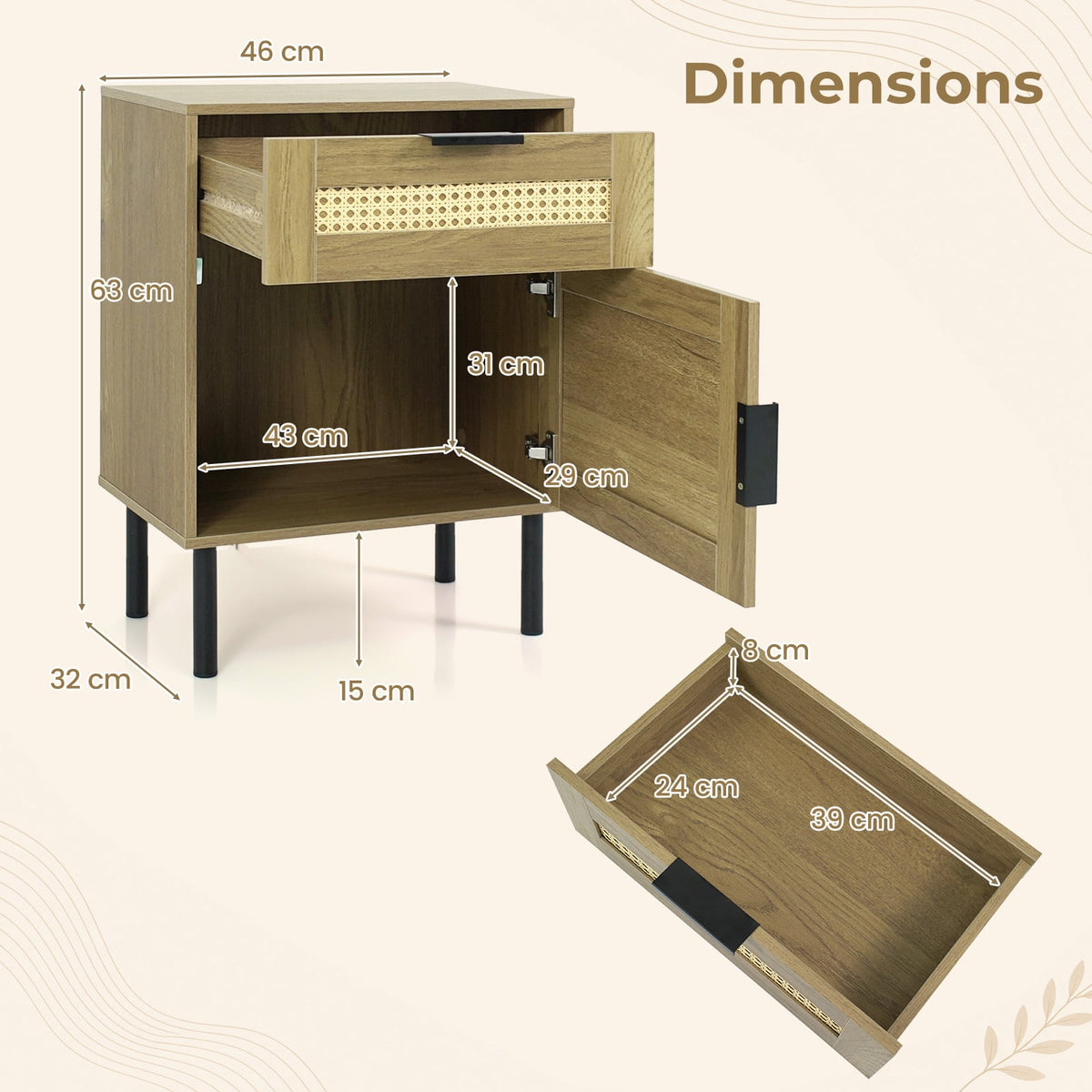 Set of 2 Bedside Table with Rattan-decorated Storage Drawer and Door Metal Legs-Natural