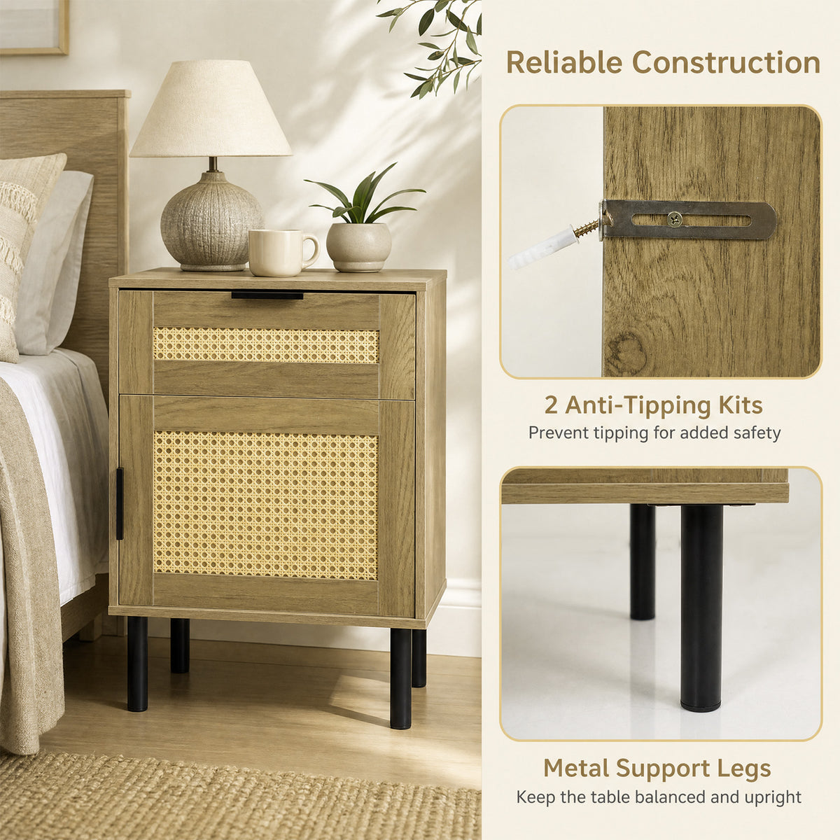 Set of 2 Bedside Table with Rattan-decorated Storage Drawer and Door Metal Legs-Natural