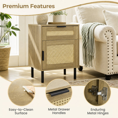 Set of 2 Bedside Table with Rattan-decorated Storage Drawer and Door Metal Legs-Natural