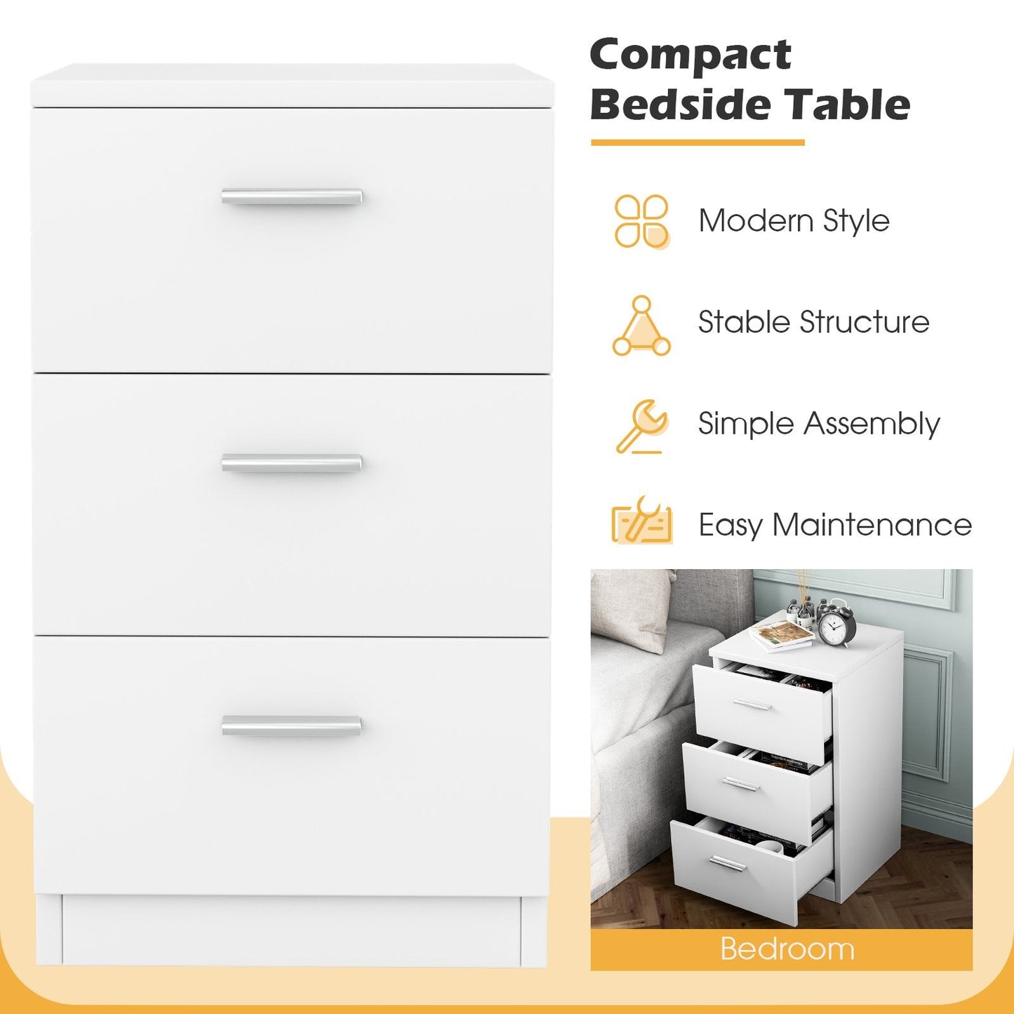 Space-saving Night Chest with 3 Drawers and Handles for Bedroom-White