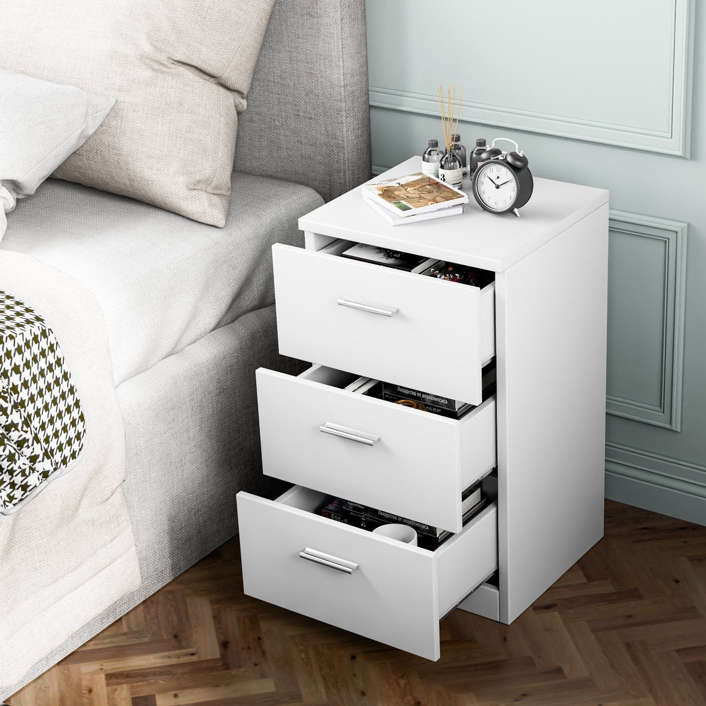 Space-saving Night Chest with 3 Drawers and Handles for Bedroom-White