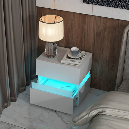 Bedside Table LED Nightstand with 2 Drawers-White
