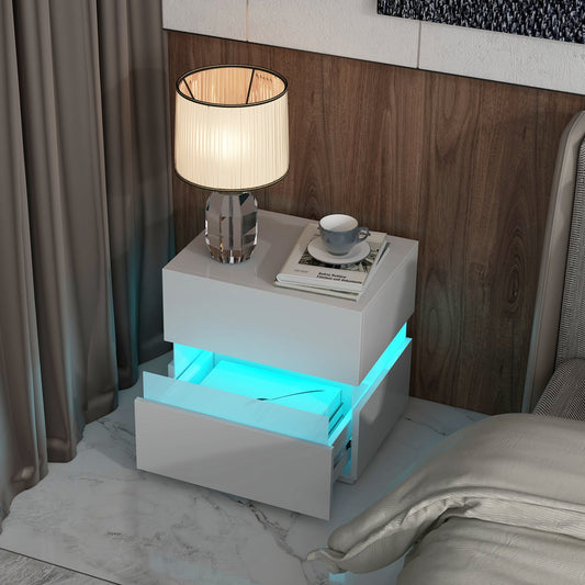 Bedside Table LED Nightstand with 2 Drawers-White