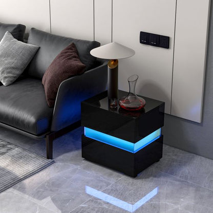 Bedside Table LED  Nightstand with 2 Drawers-Black