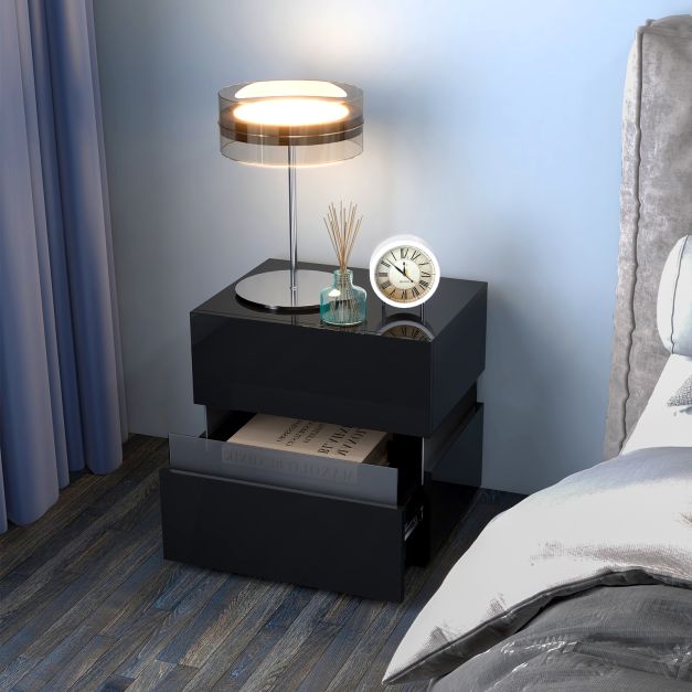 Bedside Table LED  Nightstand with 2 Drawers-Black