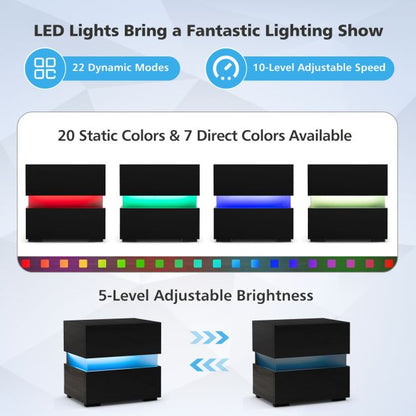 Bedside Table LED  Nightstand with 2 Drawers-Black