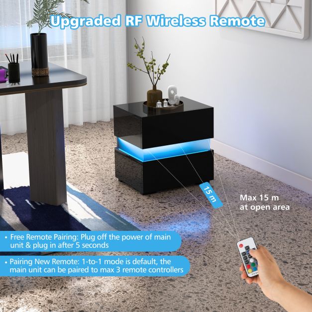 Bedside Table LED  Nightstand with 2 Drawers-Black