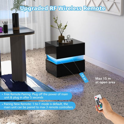 Bedside Table LED  Nightstand with 2 Drawers-Black