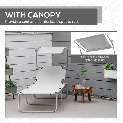 Outsunny Outdoor składany leżak słoneczny, 4-poziomowy regulowany oparcie, leżak słoneczny z markizą przeciwsłoneczną z regulacją kąta nachylenia, na plażę, do ogrodu, na patio, jasnoszary