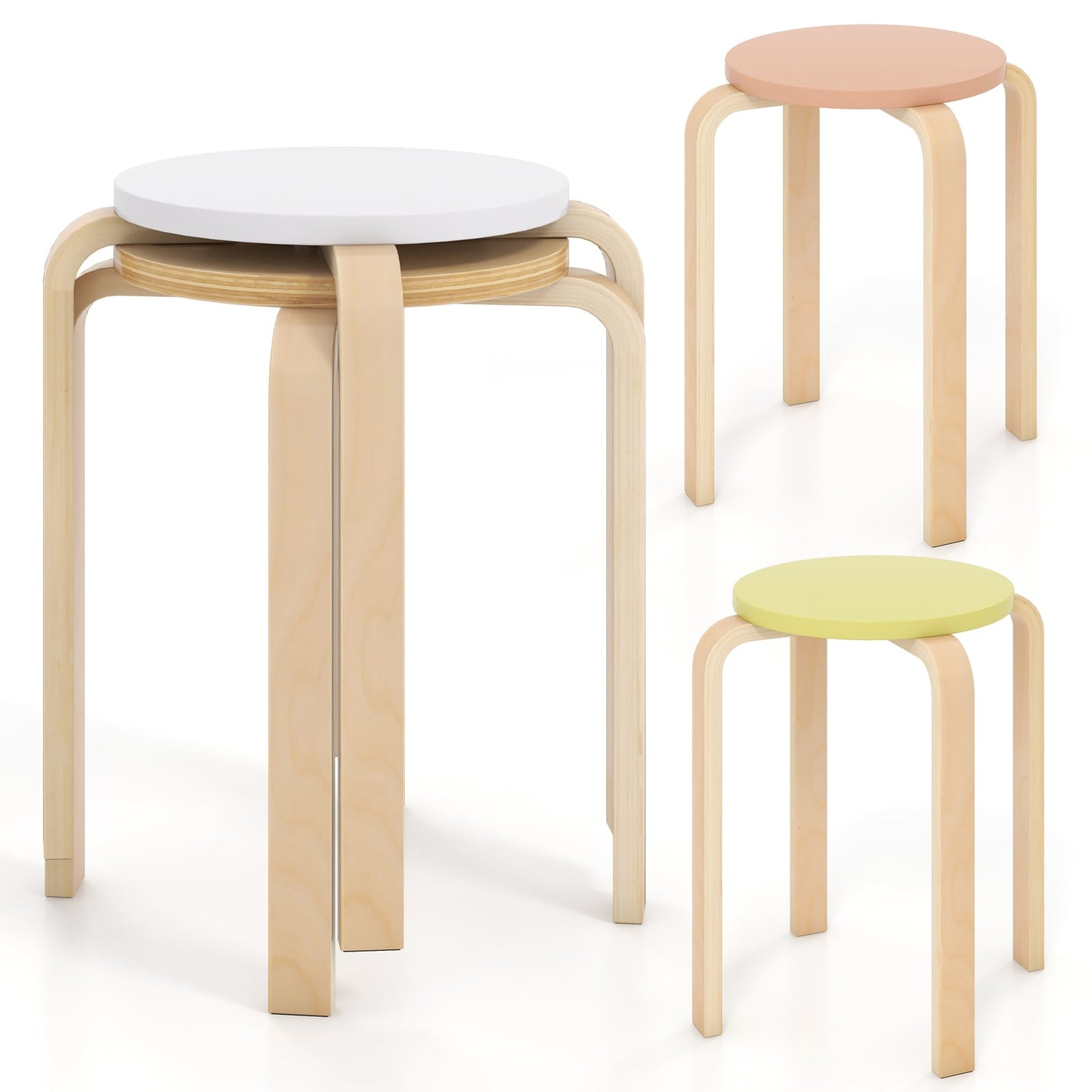 Bentwood Stacking Round Stools Set of 4 with Non-slip Foot Pads-Multicolor