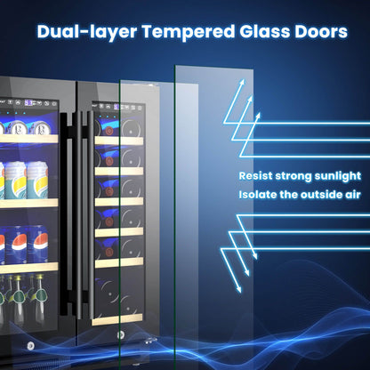 ثلاجة مشروبات ونبيذ بمنطقتين ذات بابين مع وظيفة إزالة الجليد التلقائية - لون أسود