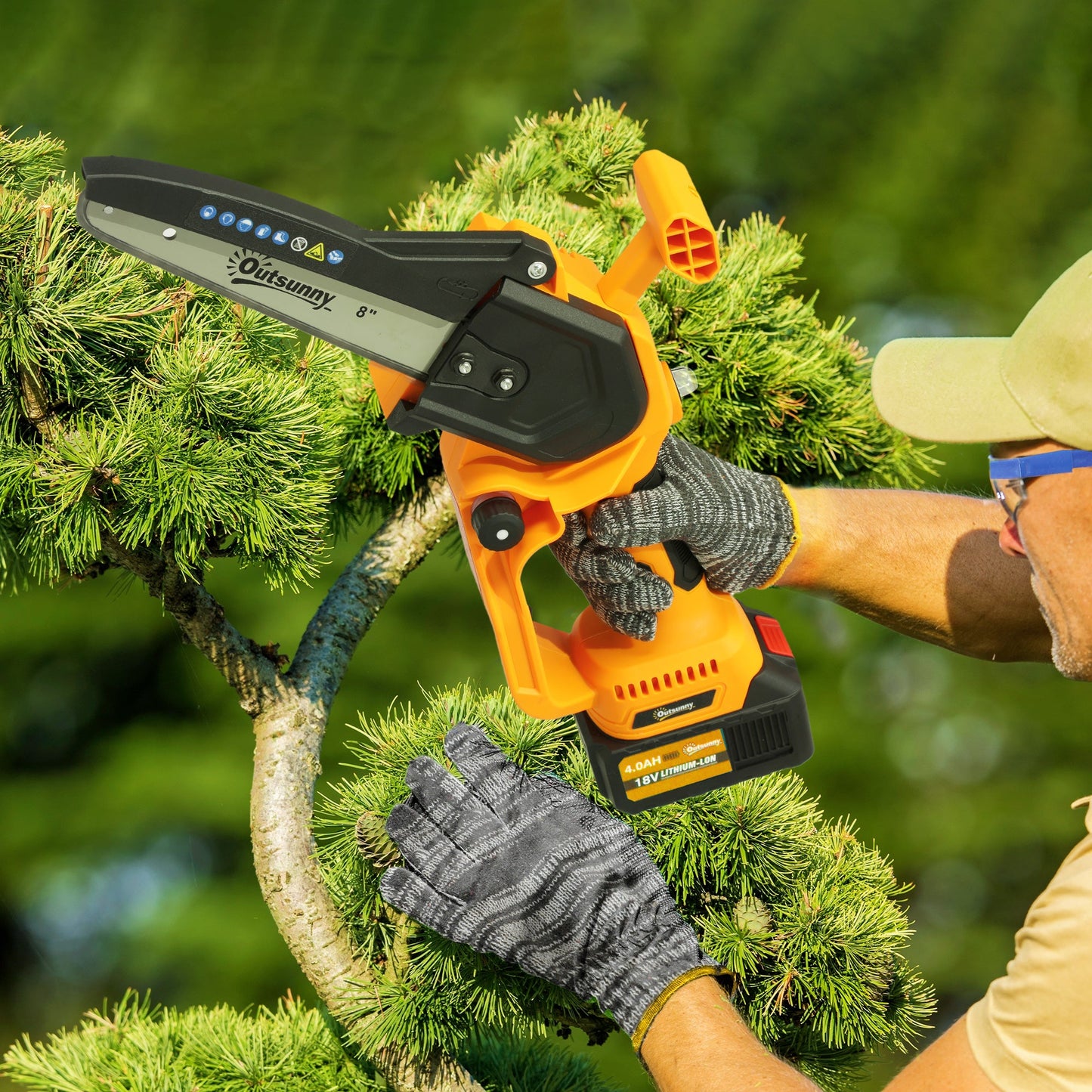 Outsunny Mini Chainsaw Cordless, 8 Inch Electric Chainsaw with 2 x 4000mAh Batteries, Brushless Motor and Safety Lock for Tree Trimming, Garden, Wood Cutting, Orange