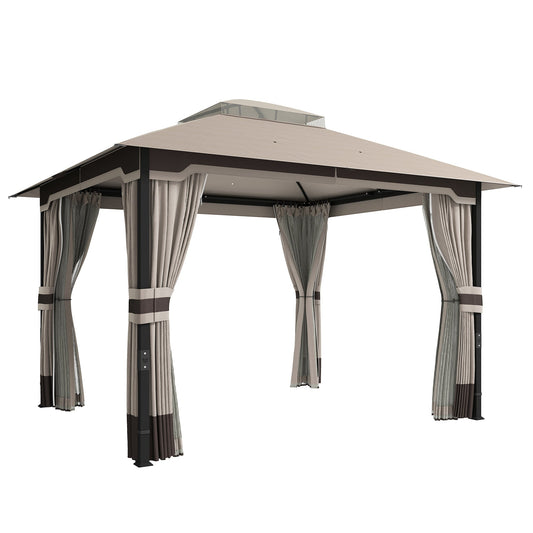 Outsunny 3 x 3.6 m Outdoor Garden Gazebo with Netting and Curtains, DoubleÂ Roof Patio Gazebo Permanent Pavilion, Khaki