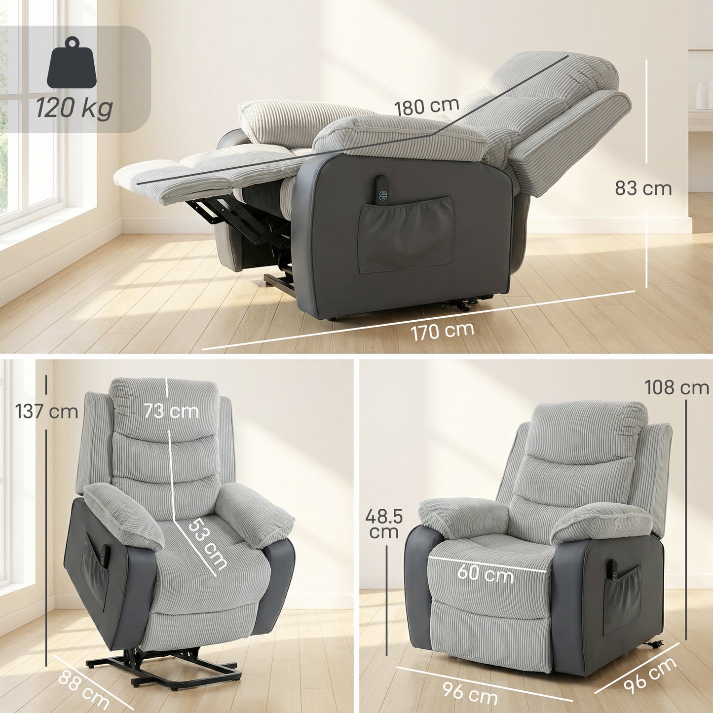 HOMCOM Power Lift Chair for Elderly, Corduroy Recliner with Wide Seat, High Back, USB Port, Side Pockets, Light Grey