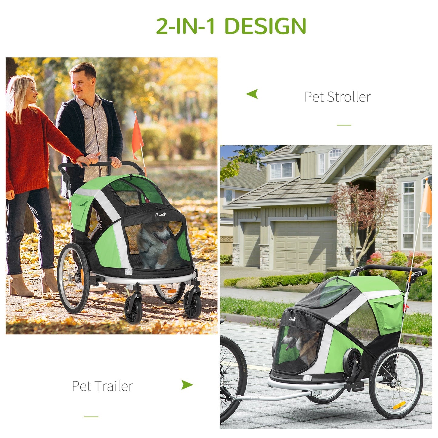 PawHut Dog Bike Trailer 2-in-1 Pet Stroller for Large Dogs Cart Foldable Bicycle Carrier Aluminium Frame with Safety Leash Hitch Coupler Flag Green