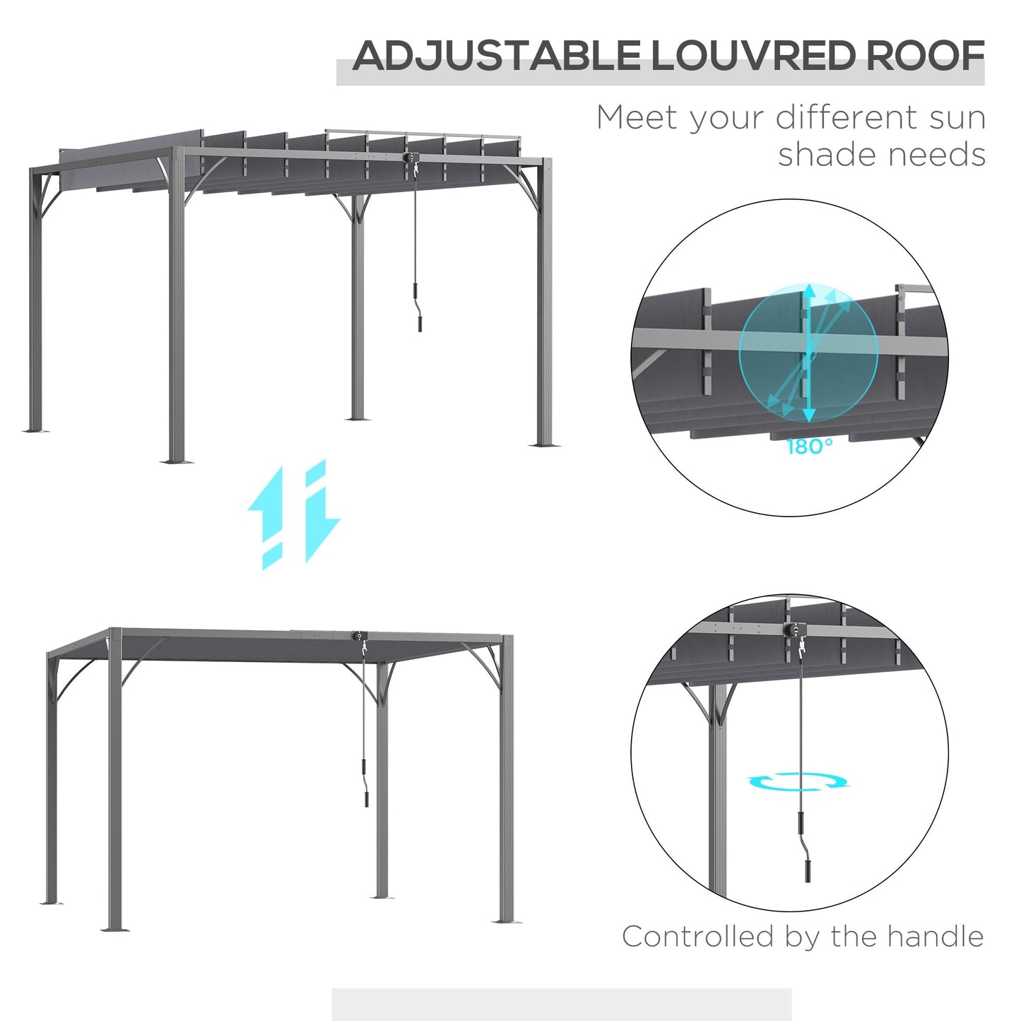 Outsunny 3 x 3(m) Outdoor Pergola with Retractable Roof, Aluminium Louvered Patio Gazebo Canopy for Lawn Garden Patio, Grey