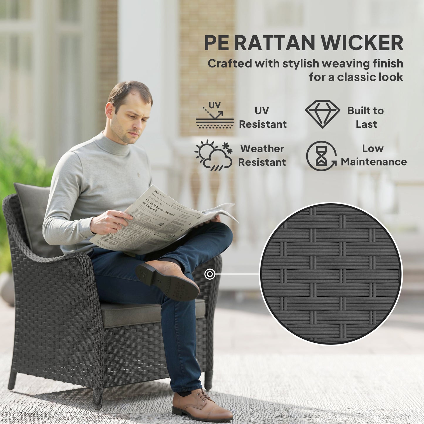 Zestaw 2 krzeseł ogrodowych Outsunny Rattan, krzesła ogrodowe z poduszką, podłokietnikami i wysokim oparciem, fotel ogrodowy z wikliny PE ze stalową ramą na balkon, werandę, ciemnoszary