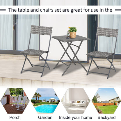 Outsunny PE Rattan Garden Furniture 2 مقاعد الفناء بيسترو مجموعة قابلة للطي لطاولتين خارجيتين ومجموعة كرسي (رمادي)