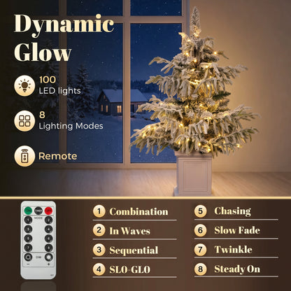 HOMCOM 3ft Prelit Flocked Christmas Tree, Artificial Snow Flocked Spruce with 100 Warm White LED Lights, 8 Modes, Green
