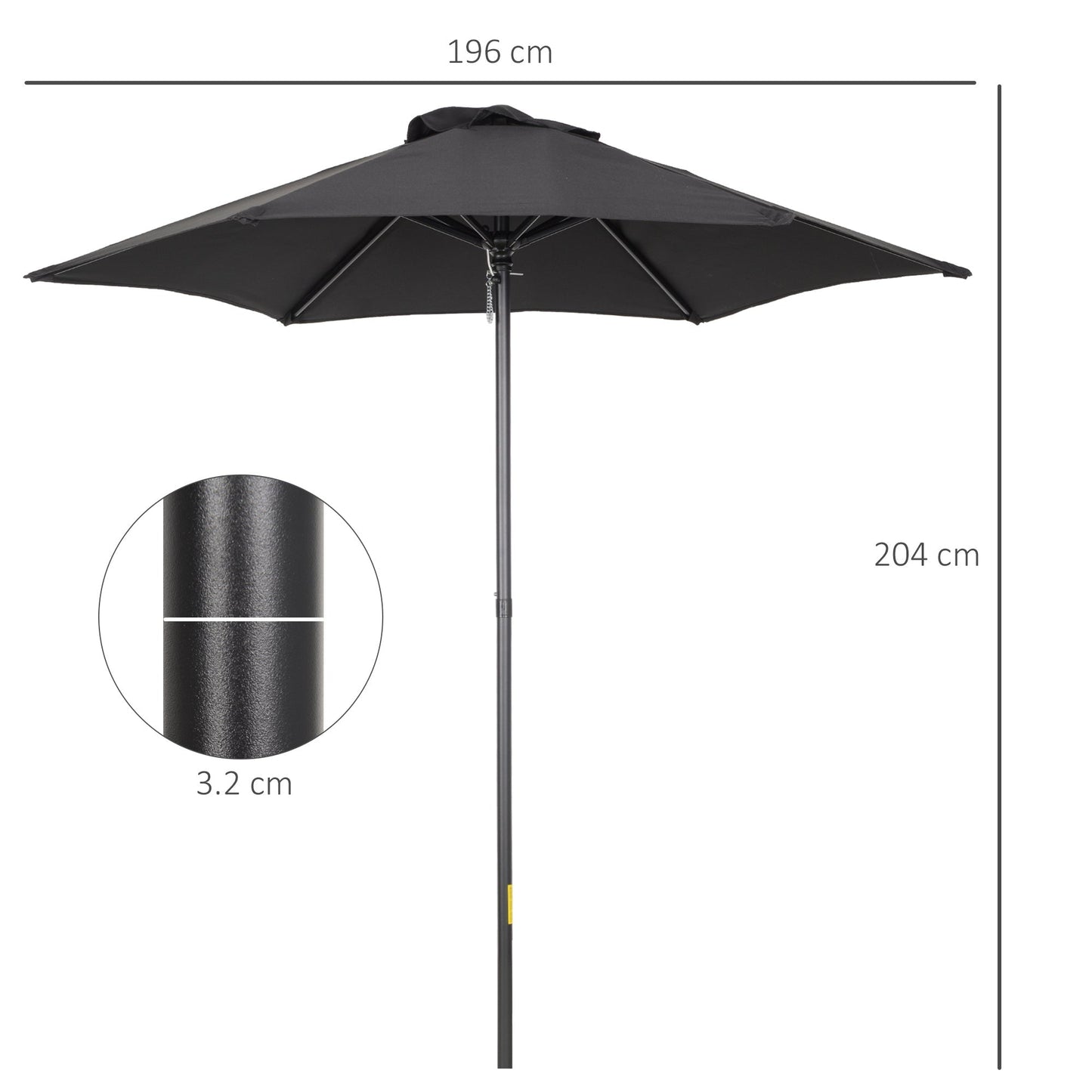 Outsunny Parasol Umbrella 2m Patio Outdoor Sun Shade with 6 Sturdy Ribs for Balcony, Bench, Garden, Black