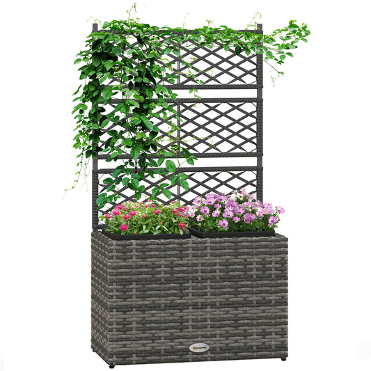 Donica Outsunny 22 l z rattanu z kratką, wolnostojące podwyższone grządki ogrodowe z dwoma skrzynkami na rośliny, donica ogrodowa na rośliny pnące, kwiaty, 57 x 30 x 107 cm, kolor mieszany szary