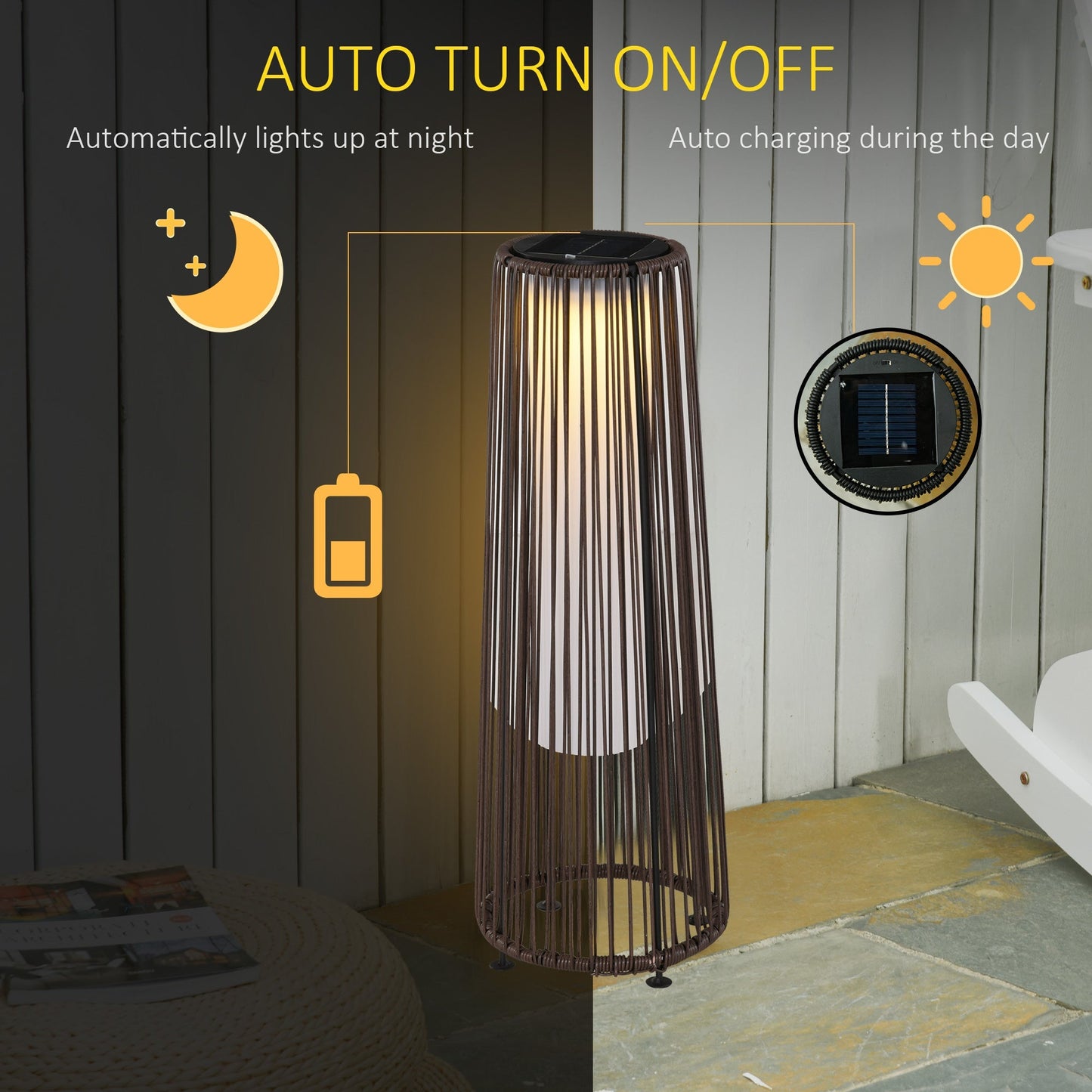 Outsunny Patio Garden PE Rattan Solar Lights Woven Resin Wicker Lantern Auto On/Off Solar Powered Lights, Brown