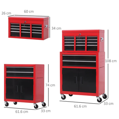 Tool Chest, Metal Tool Cabinet on Wheels with 6 Drawers, Pegboard, Top Chest and Roller Cabinet Combo, 61.6 x 33 x 108cm, Red